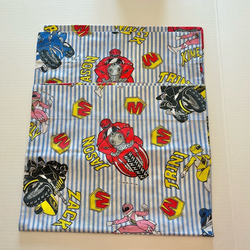 Vintage 1994 Power Rangers Cotton Pillow Cases Set of 2 Blue & White Stripe